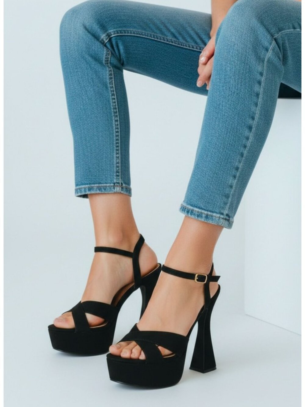 Strappy Black Platform Heel Sandals With Flared Block Heel & Adjustable Ankle St